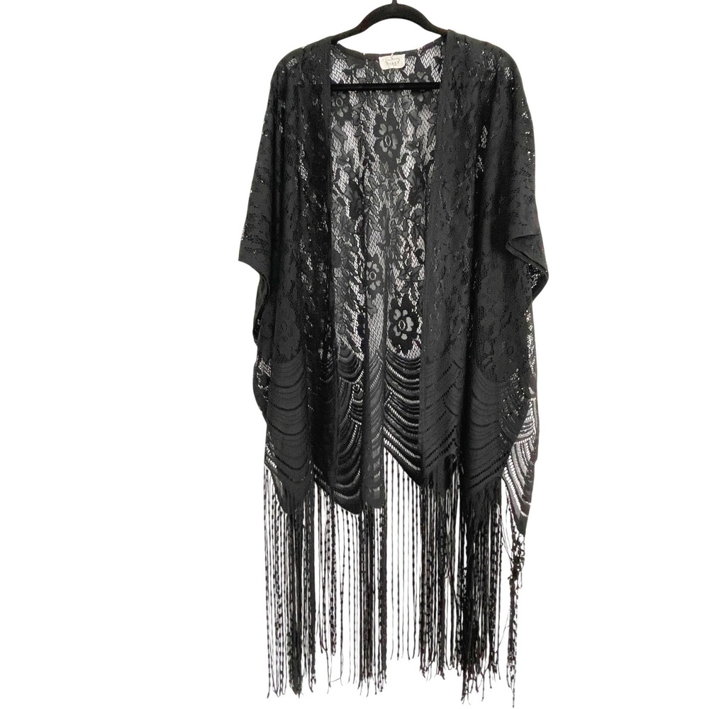 Ember Black Floral Lace Kimono Cardigan Long Fringe Boho Open Front Wrap Large
